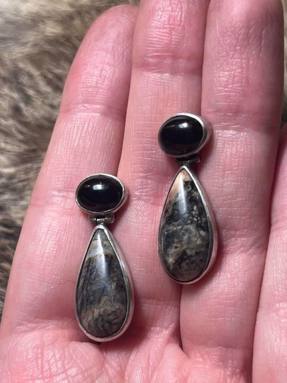 Janice Girardi sterling silver hinge onyx and Picasso jasper earrings